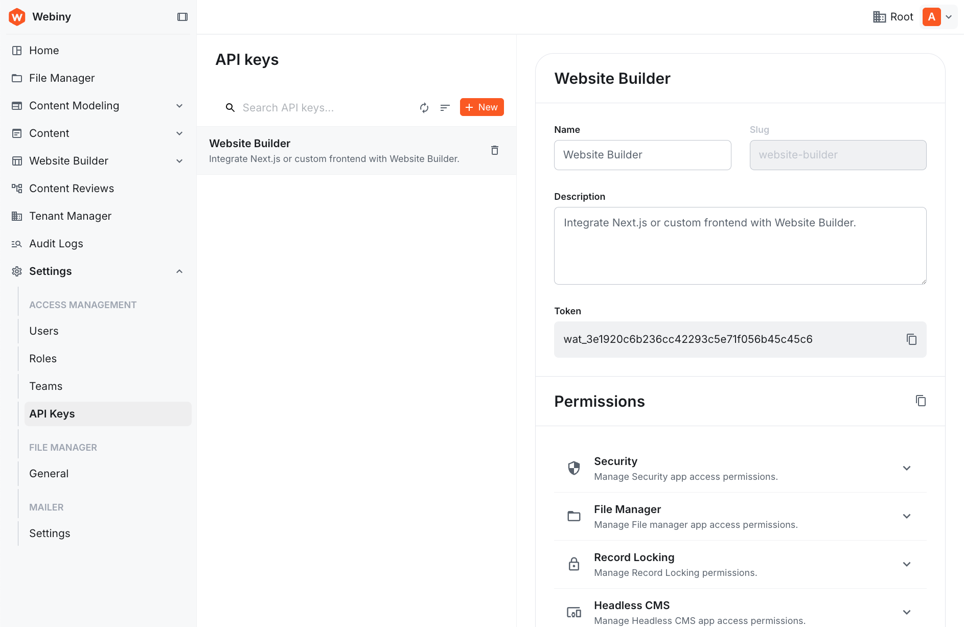 API Keys page showing the auto-created Website Builder key